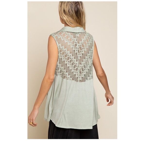 Sleeveless woven top in Desert Sage with Lace Accents - Picture 7 of 8
